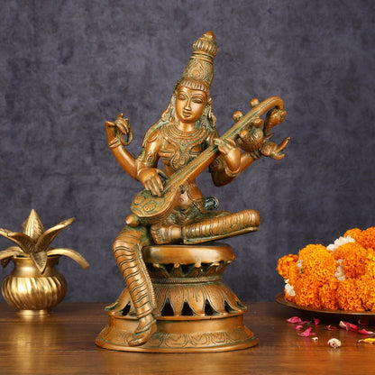 Vintage Brass Saraswati Idol - 12" Divine Sculpture - Budhshiv.com