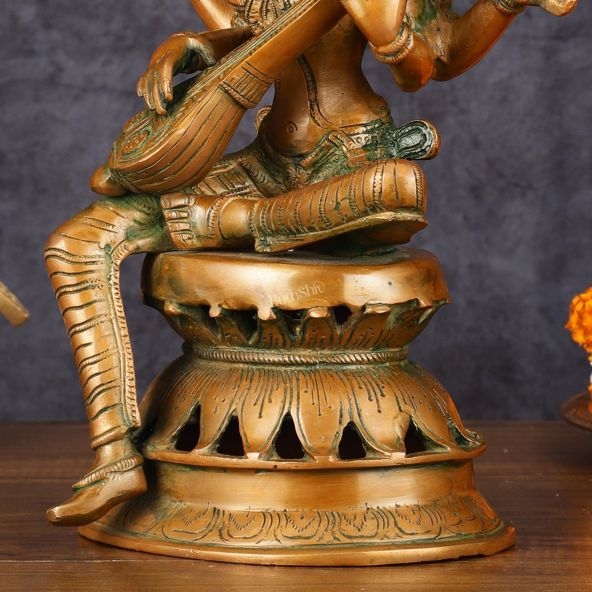 Vintage Brass Saraswati Idol - 12" Divine Sculpture - Budhshiv.com