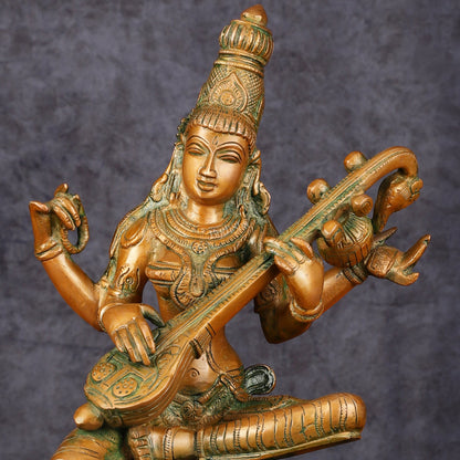 Vintage Brass Saraswati Idol - 12" Divine Sculpture - Budhshiv.com