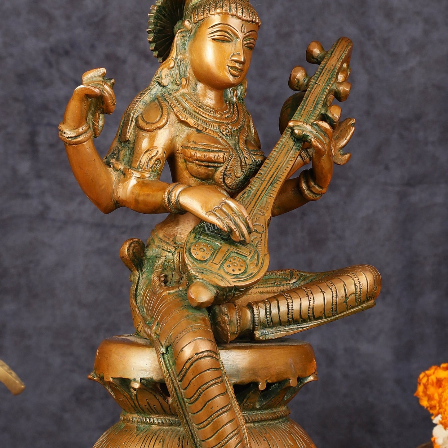 Vintage Brass Saraswati Idol - 12" Divine Sculpture - Budhshiv.com