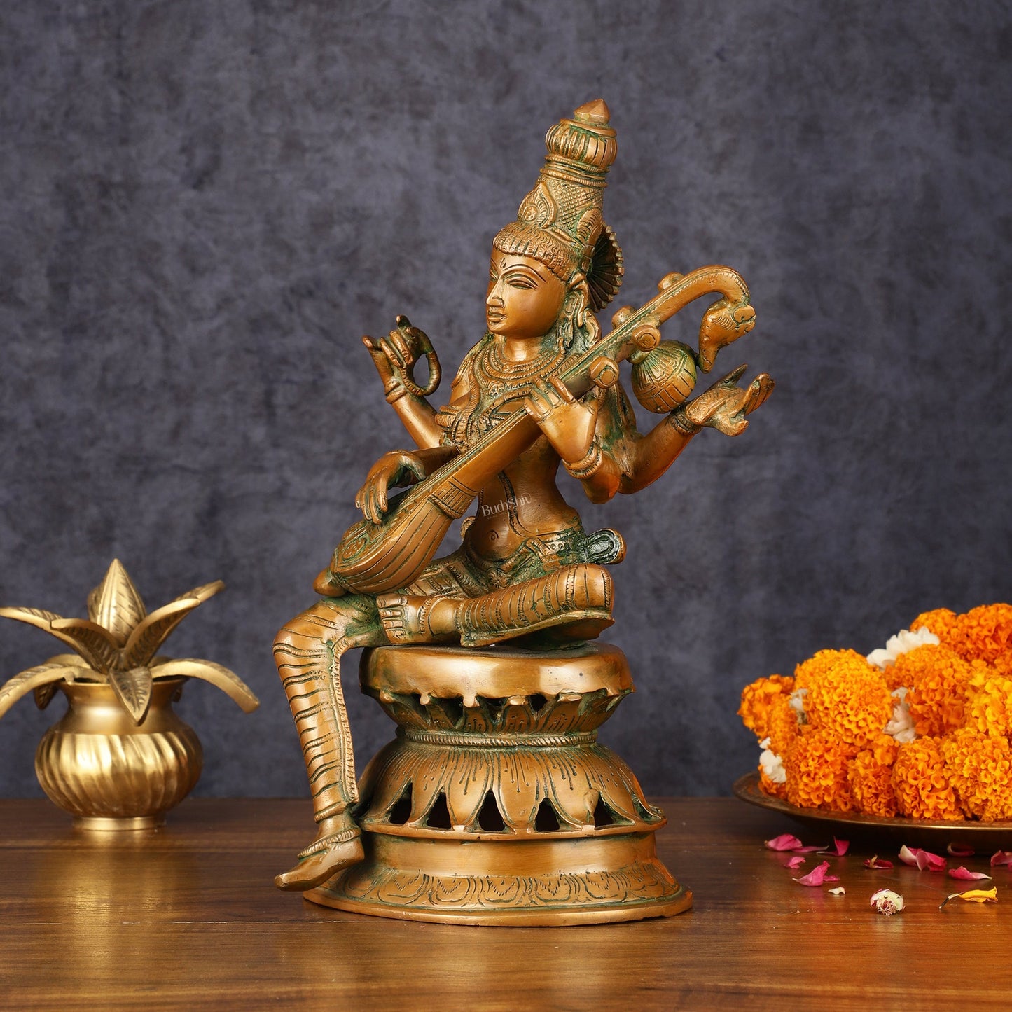 Vintage Brass Saraswati Idol - 12" Divine Sculpture - Budhshiv.com