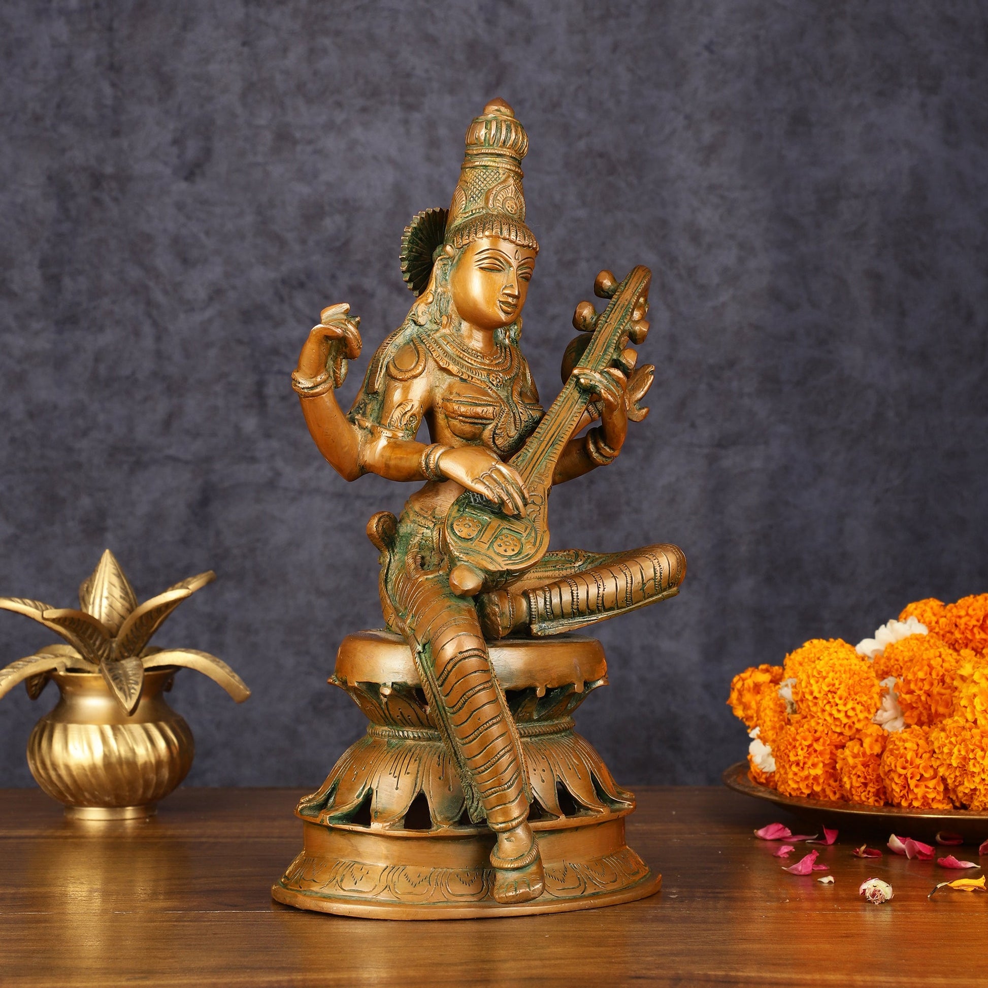 Vintage Brass Saraswati Idol - 12" Divine Sculpture - Budhshiv.com