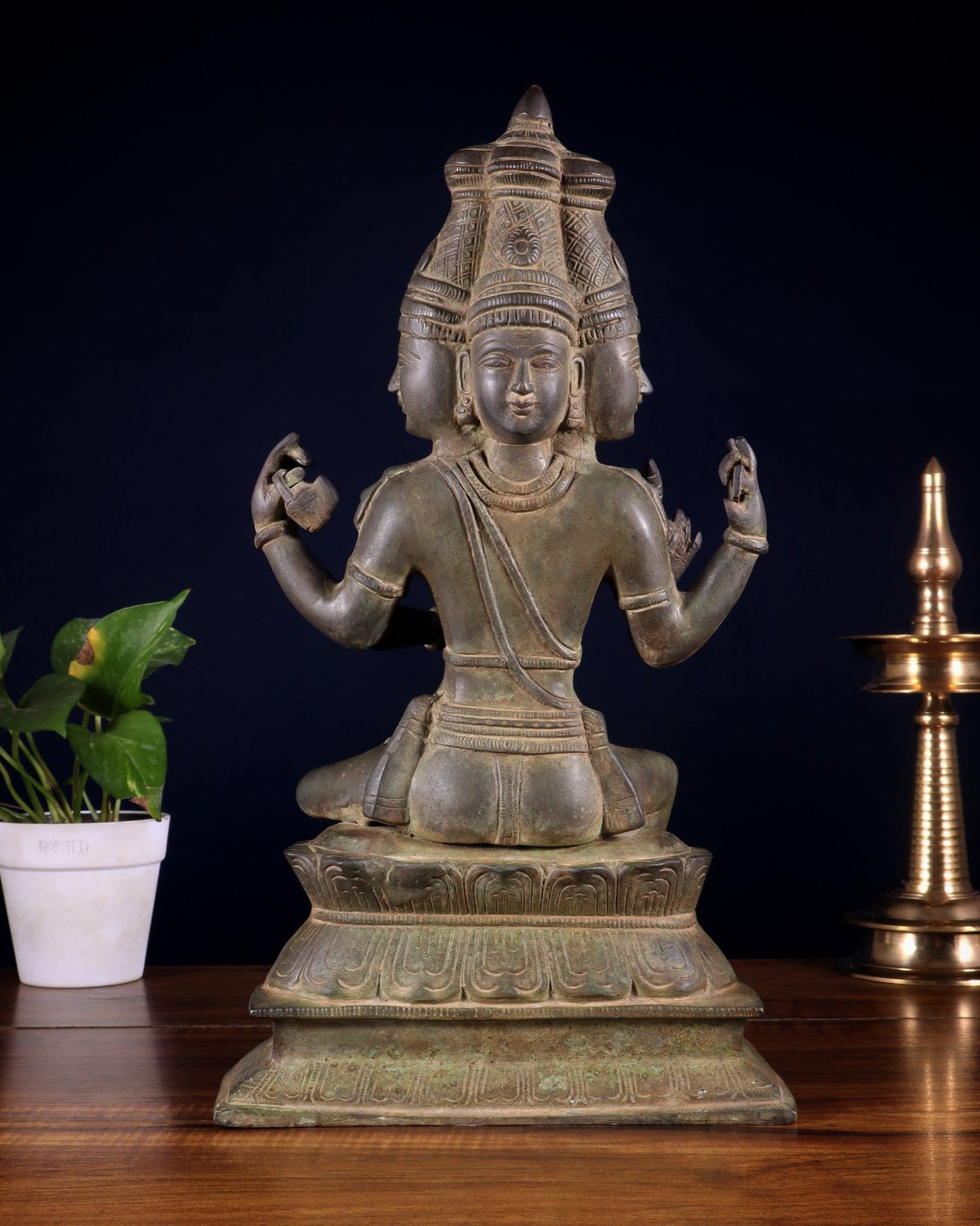 Vintage Brass Seated Lord Brahma Sculpture - 16 inch - Budhshiv.com