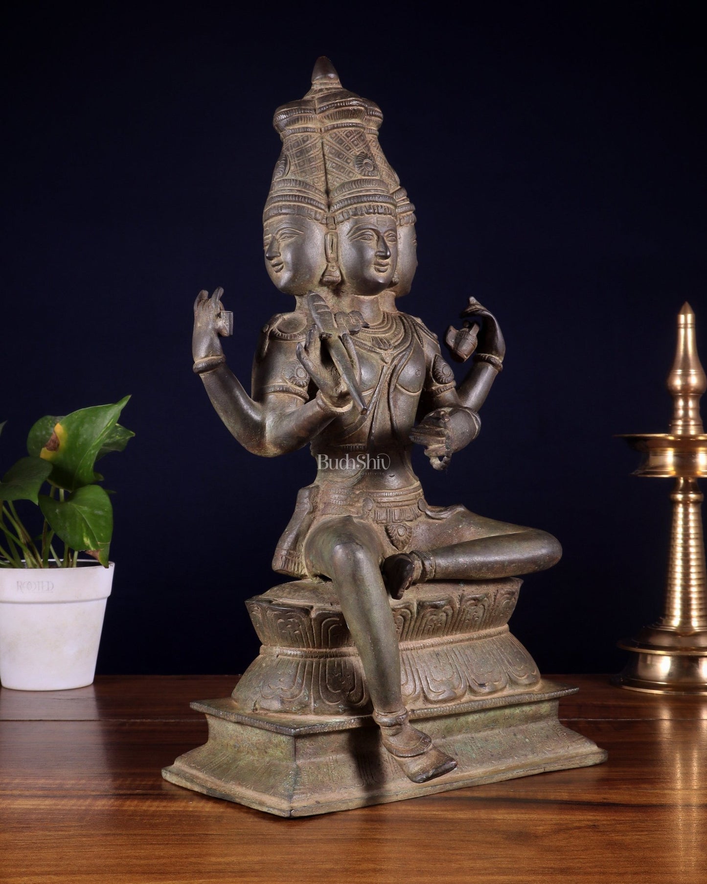 Vintage Brass Seated Lord Brahma Sculpture - 16 inch - Budhshiv.com