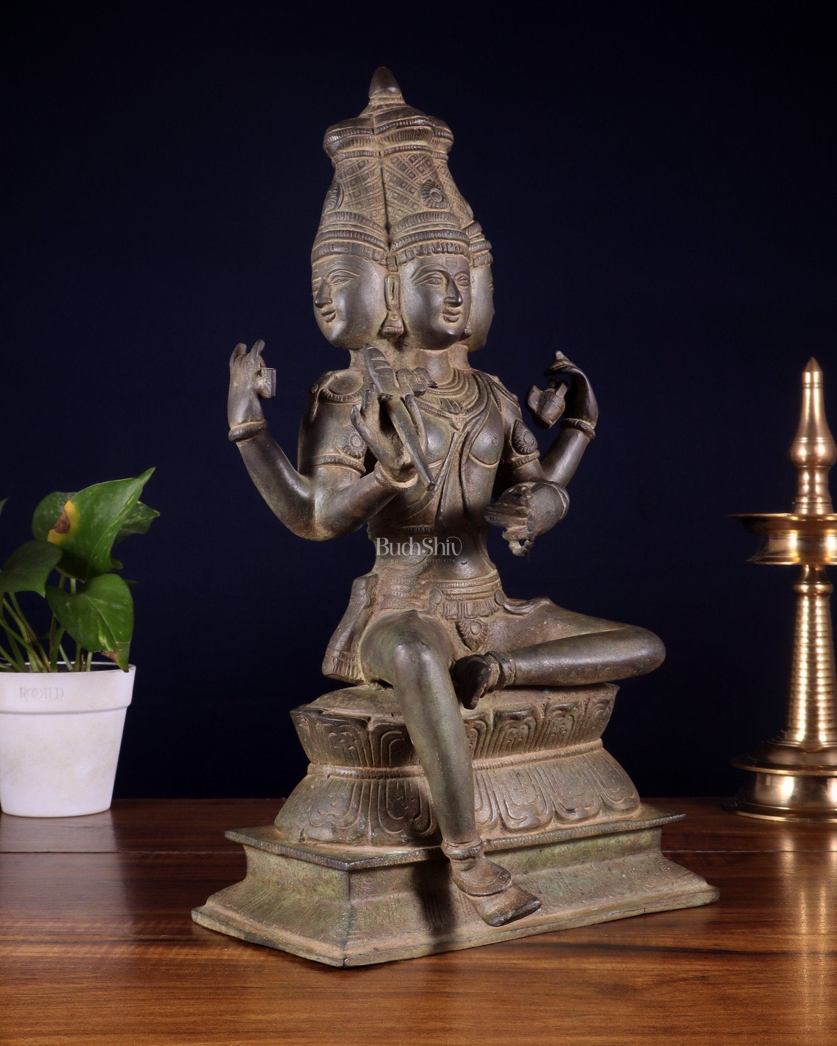 Vintage Brass Seated Lord Brahma Sculpture - 16 inch - Budhshiv.com