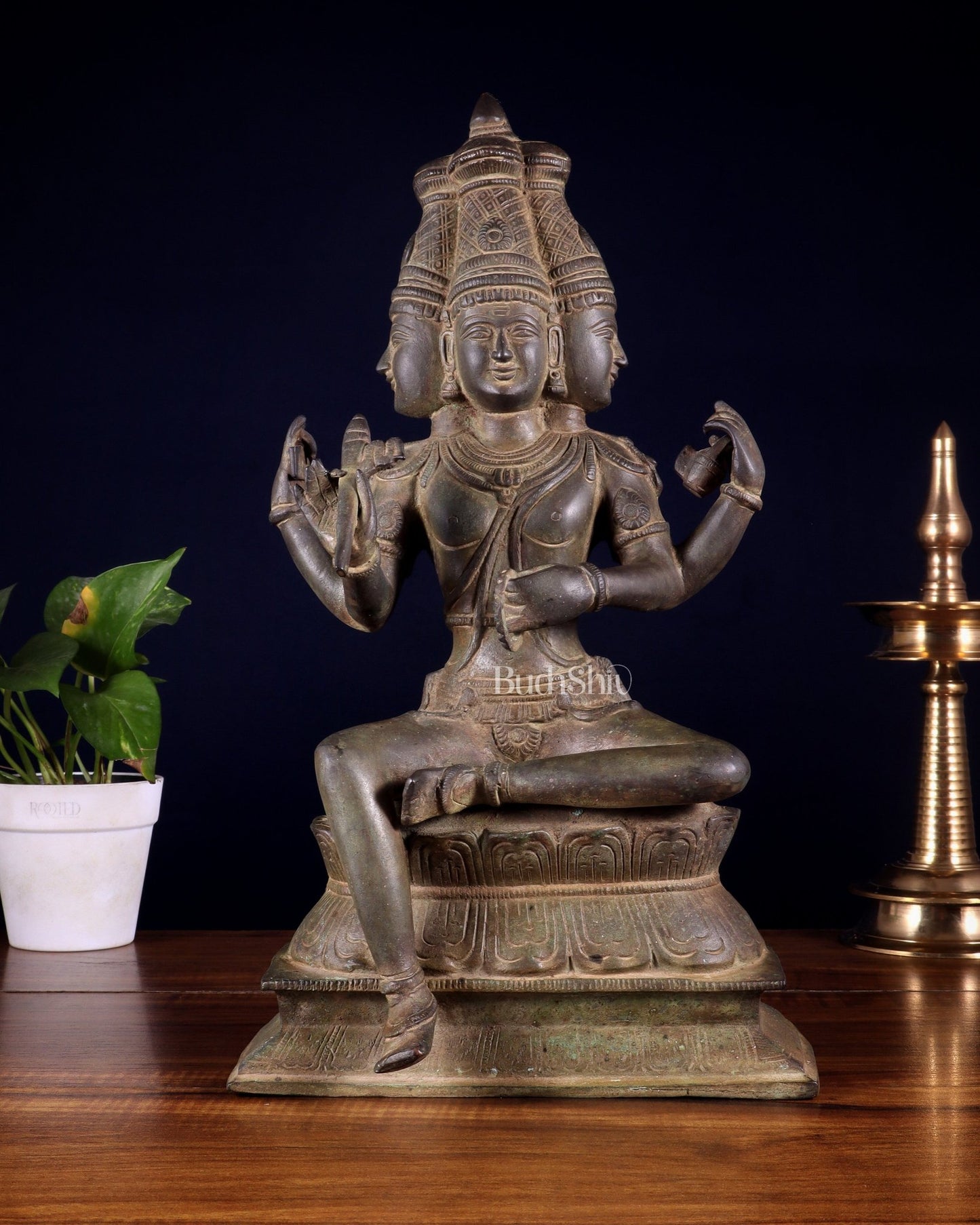 Vintage Brass Seated Lord Brahma Sculpture - 16 inch - Budhshiv.com