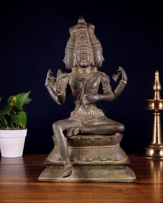 Vintage Brass Seated Lord Brahma Sculpture - 16 inch - Budhshiv.com