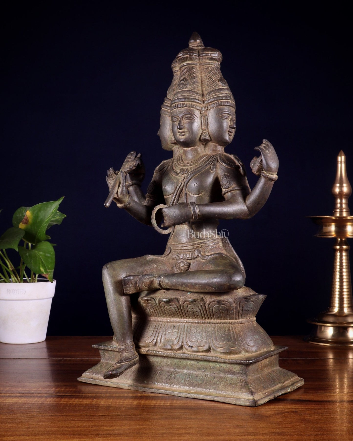 Vintage Brass Seated Lord Brahma Sculpture - 16 inch - Budhshiv.com