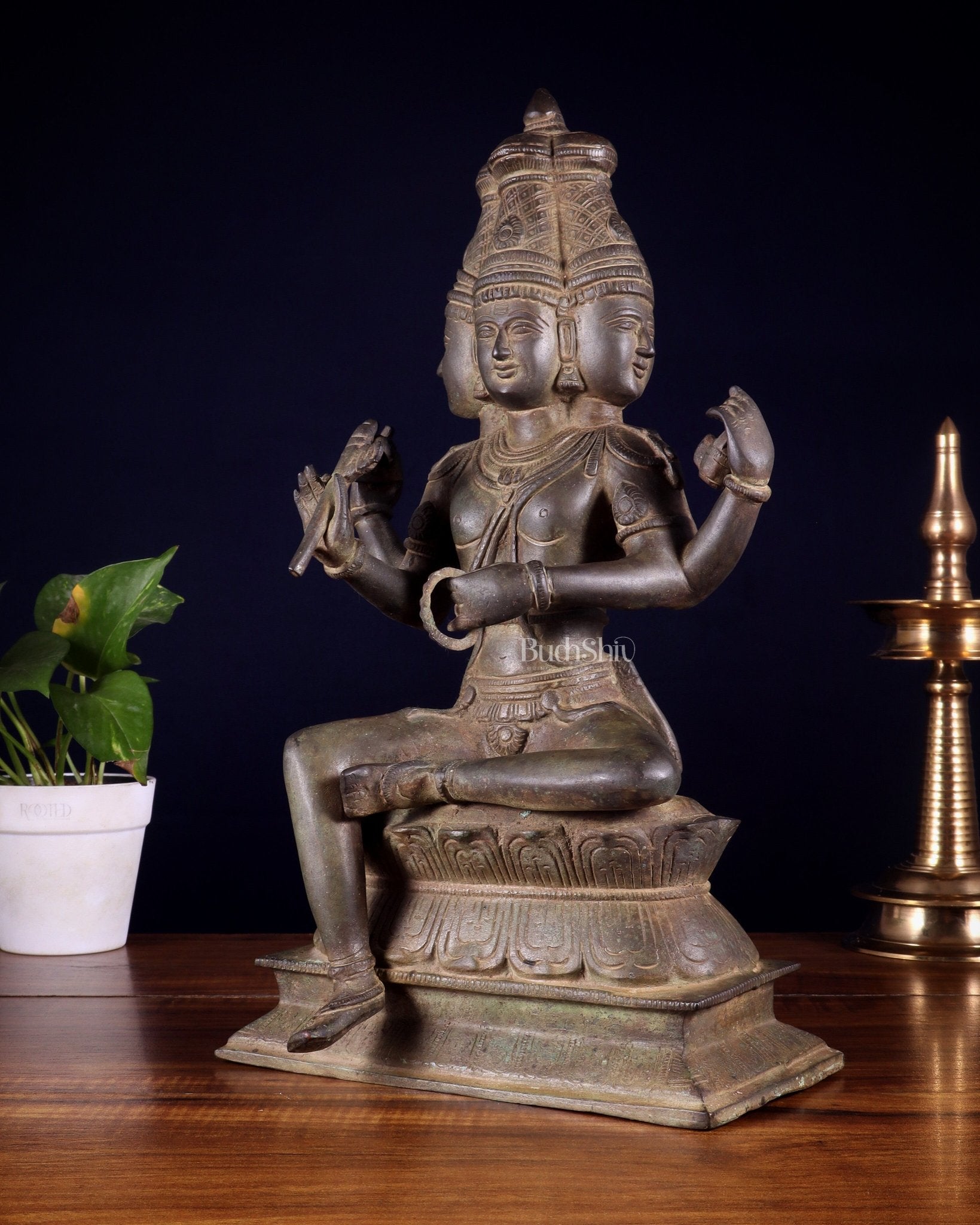 Vintage Brass Seated Lord Brahma Sculpture - 16 inch - Budhshiv.com
