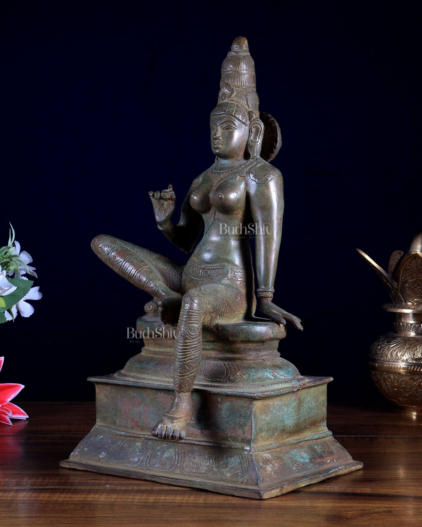 Vintage Brass Seated Uma Parvati Statue – Antique Finish 12.6" - Budhshiv.com