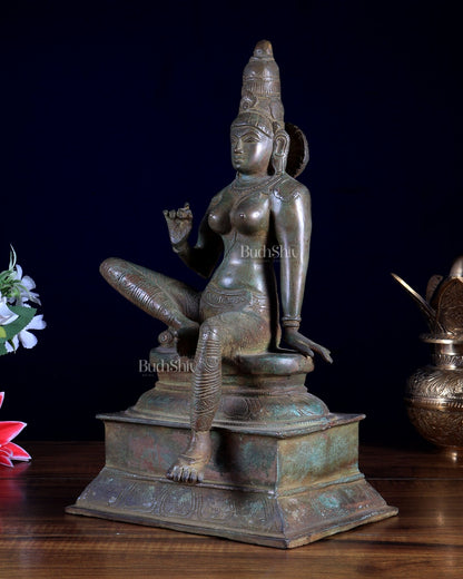 Vintage Brass Seated Uma Parvati Statue – Antique Finish 12.6" - Budhshiv.com