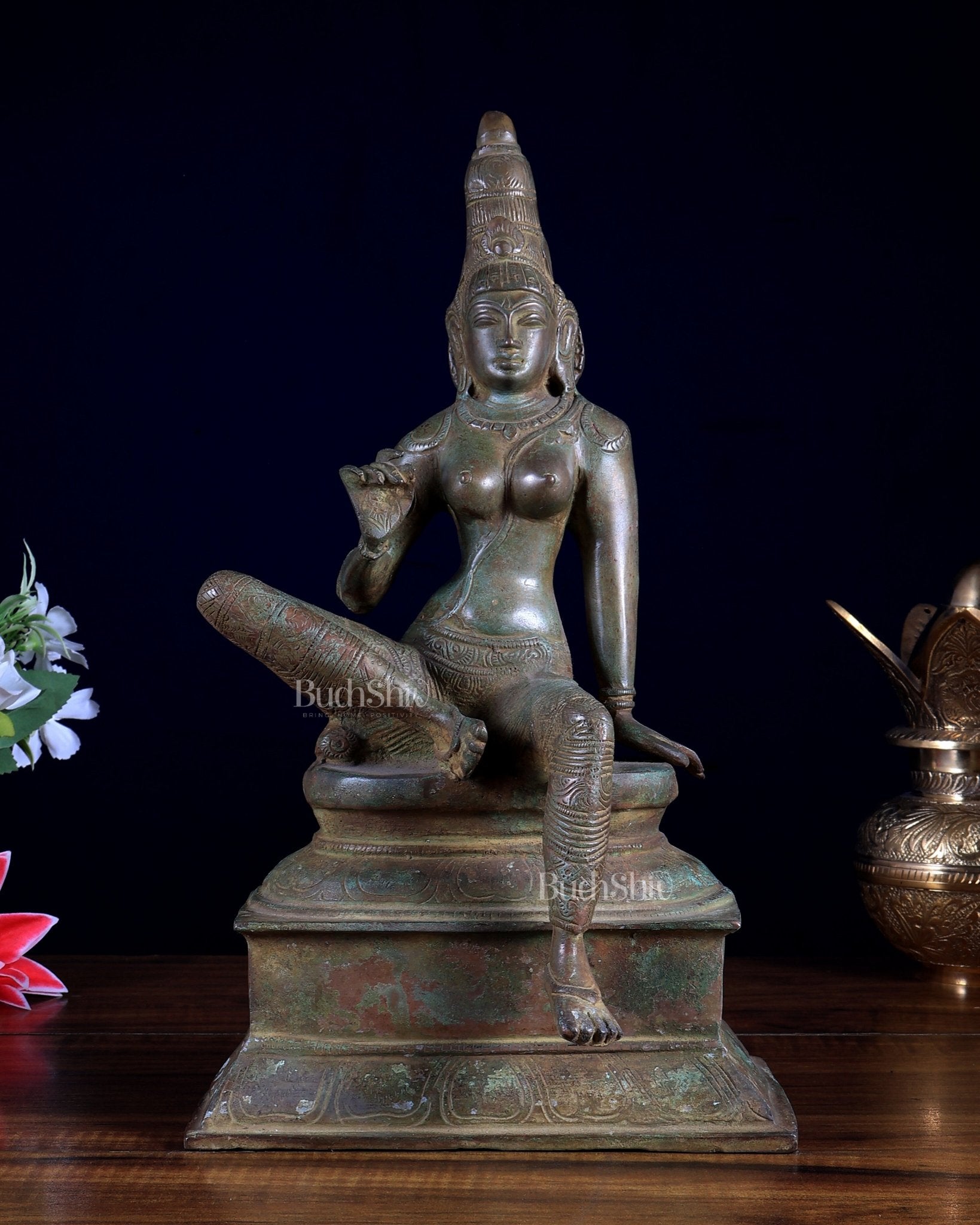 Vintage Brass Seated Uma Parvati Statue – Antique Finish 12.6" - Budhshiv.com
