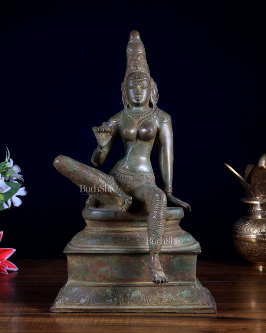 Vintage Brass Seated Uma Parvati Statue – Antique Finish 12.6" - Budhshiv.com