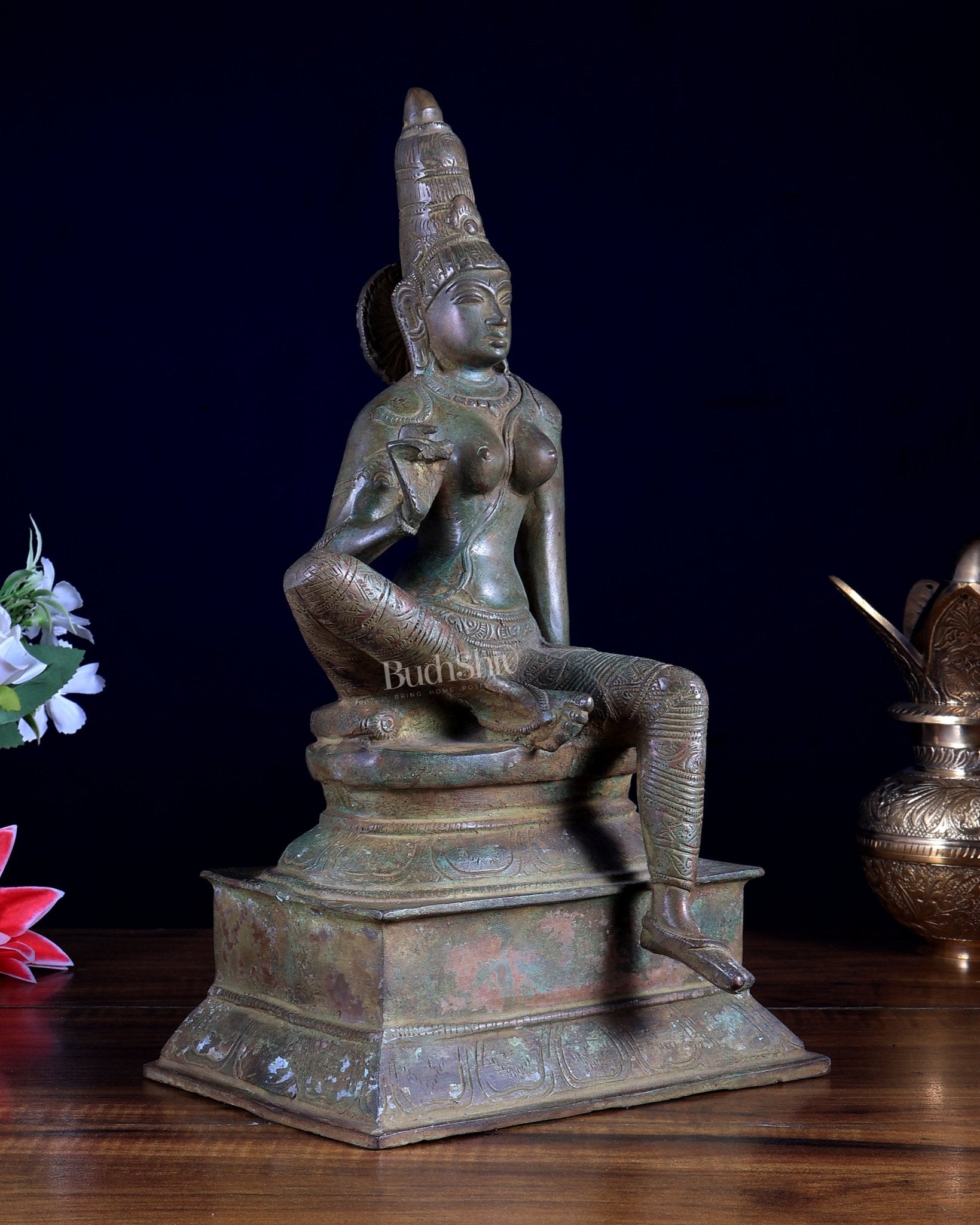 Vintage Brass Seated Uma Parvati Statue – Antique Finish 12.6" - Budhshiv.com