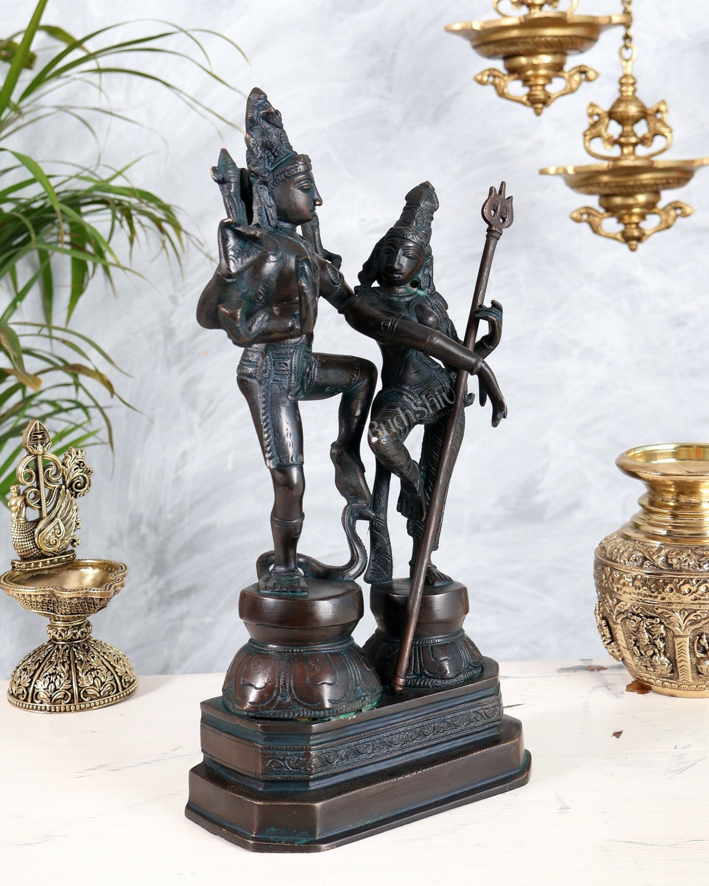 Vintage Brass Shiva Parvati Dancing Idols - 12.5" Antique bronze tone - Budhshiv.com