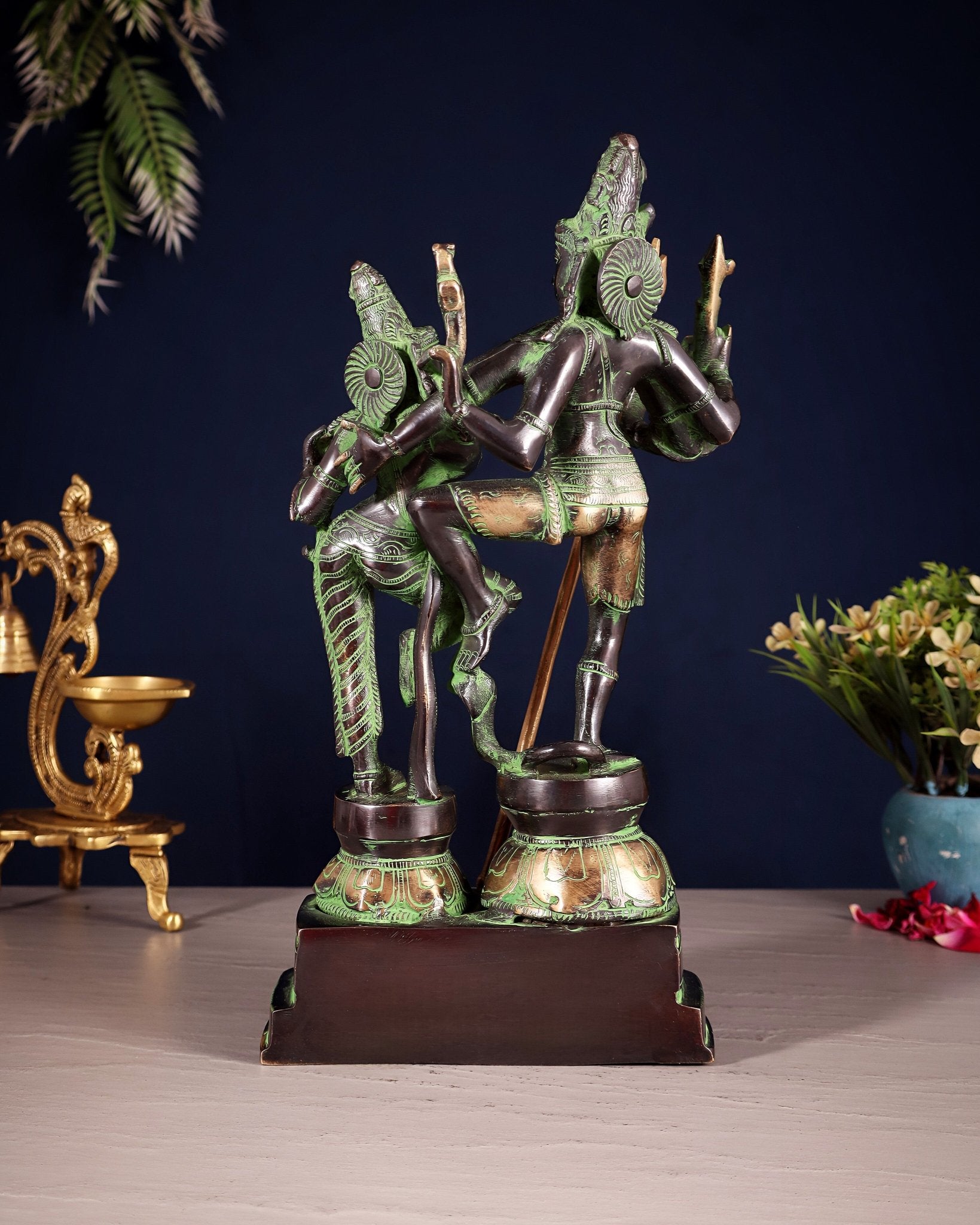 Vintage Brass Shiva Parvati Dancing Idols - 12.5" black and green - Budhshiv.com