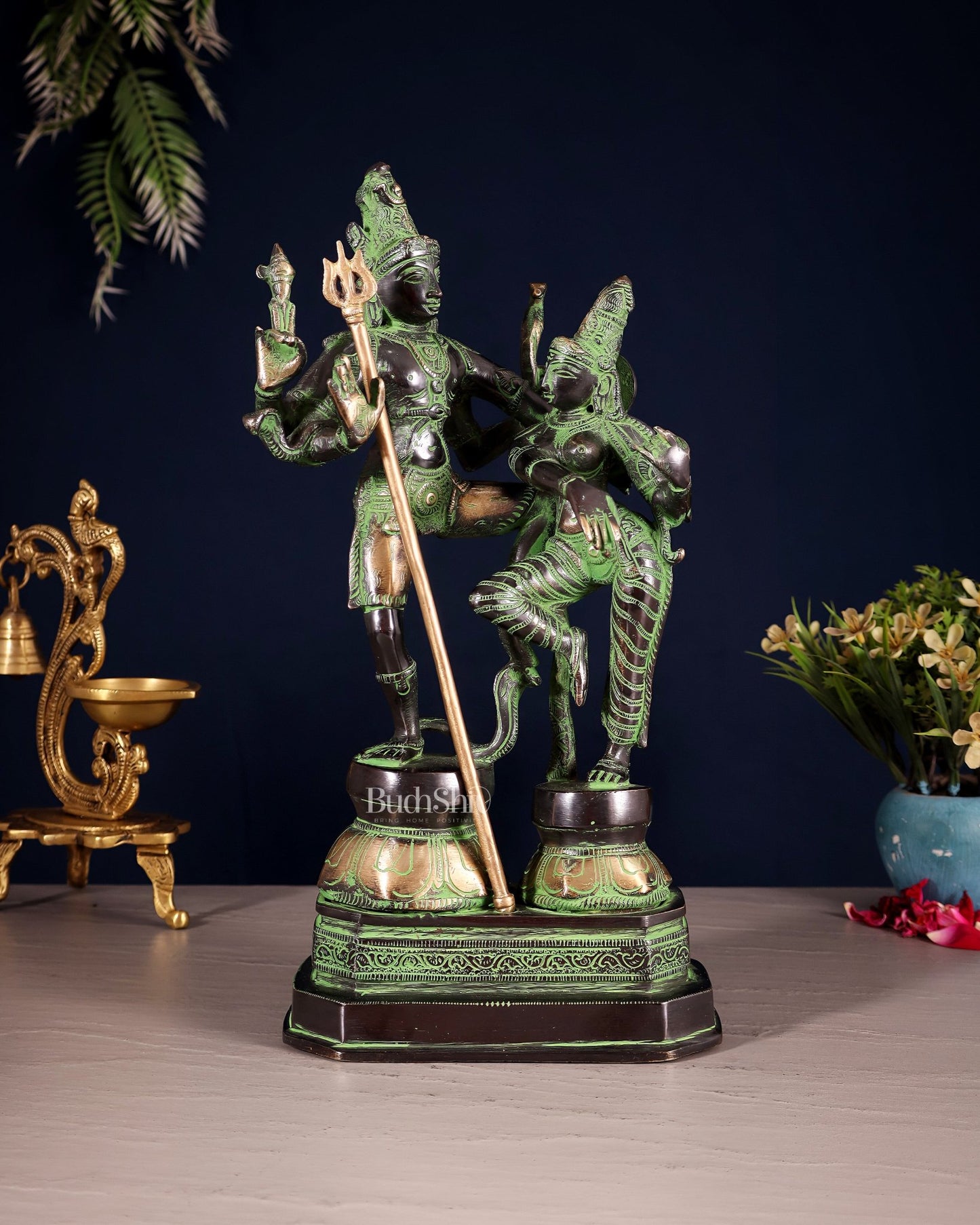 Vintage Brass Shiva Parvati Dancing Idols - 12.5" black and green - Budhshiv.com