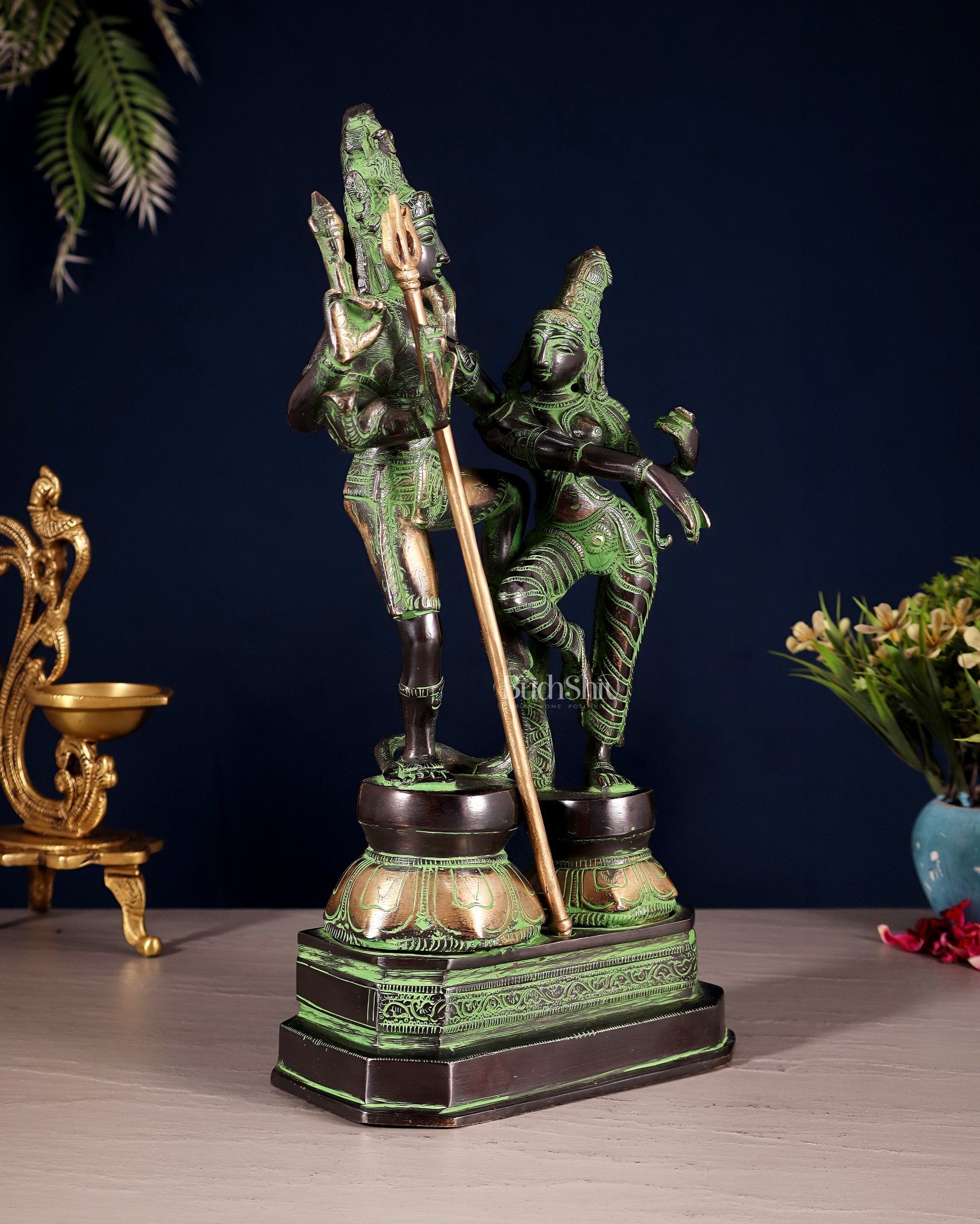 Vintage Brass Shiva Parvati Dancing Idols - 12.5" black and green - Budhshiv.com