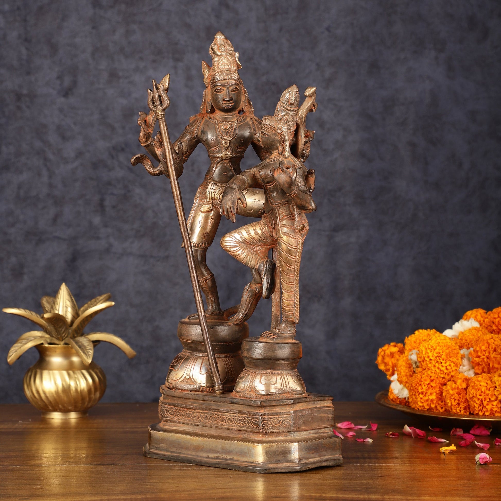 Vintage Brass Shiva Parvati Dancing Idols - 12.5" Sand Finish Patina - Budhshiv.com