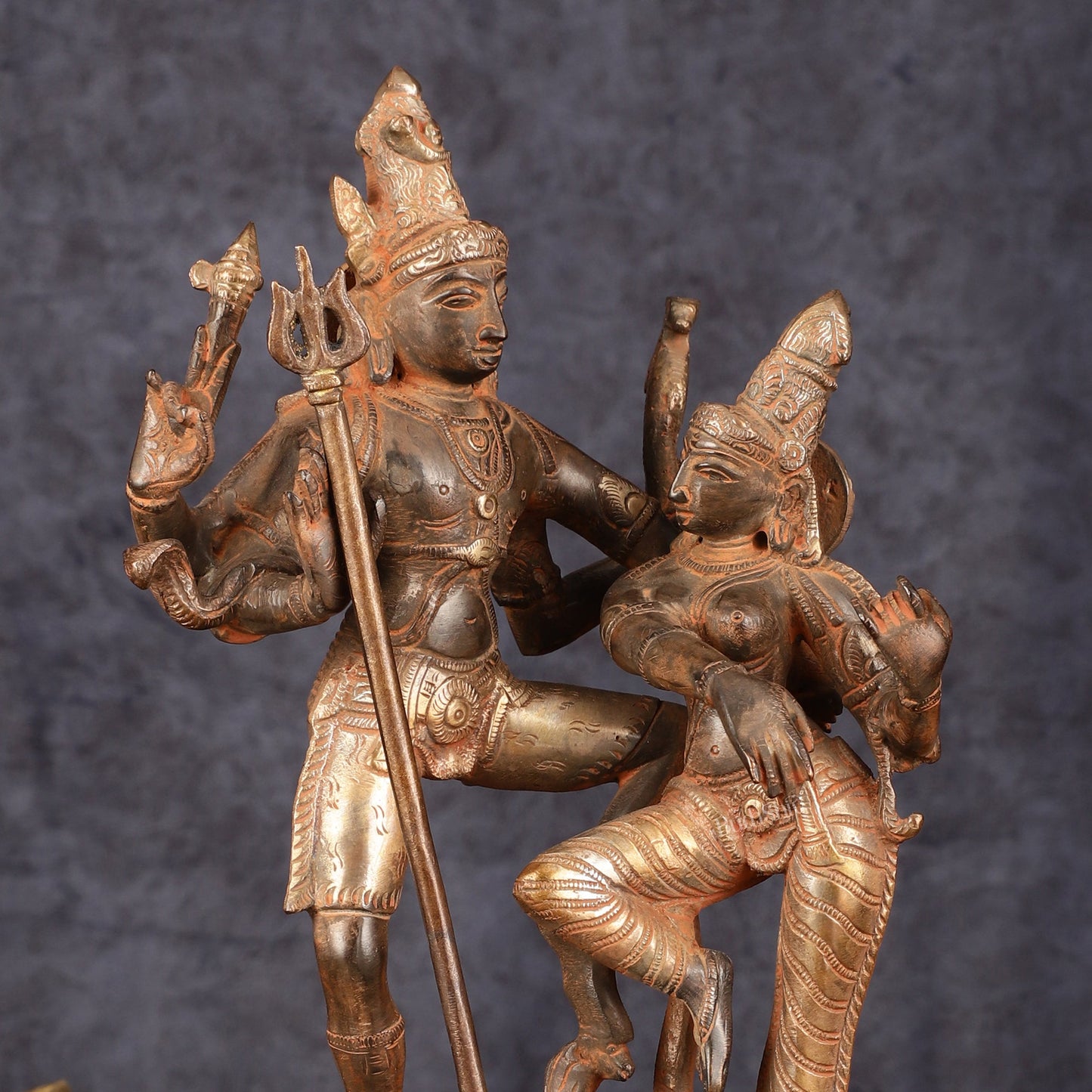 Vintage Brass Shiva Parvati Dancing Idols - 12.5" Sand Finish Patina - Budhshiv.com