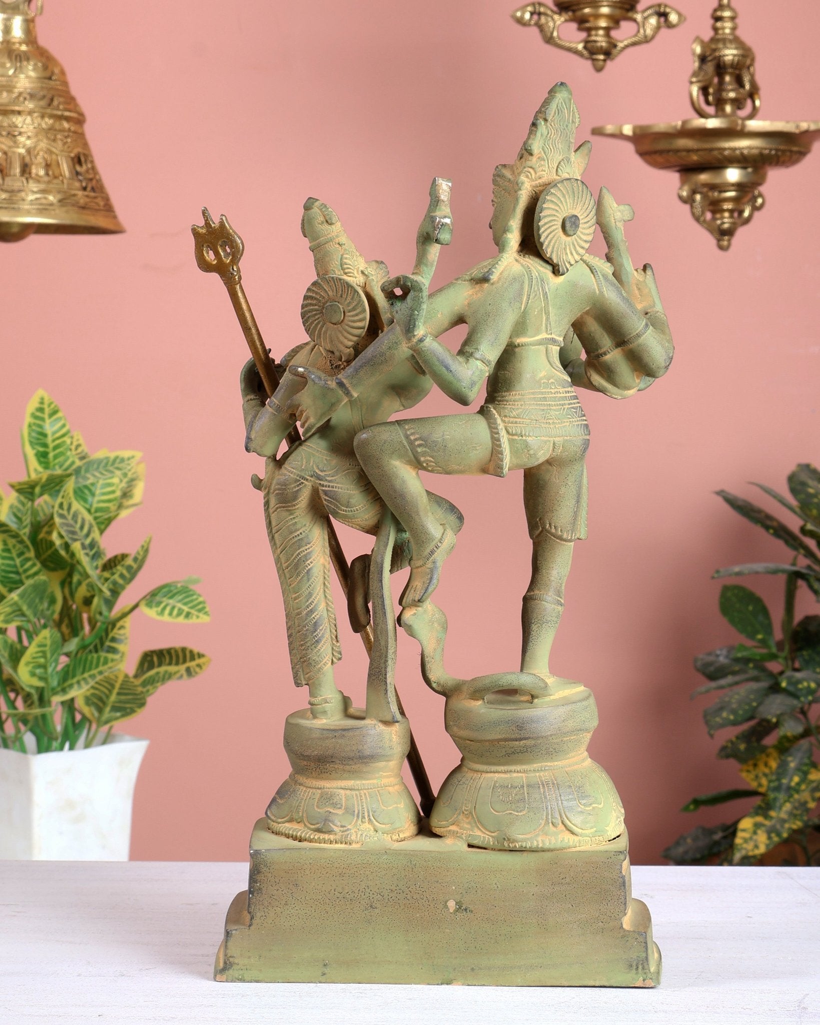 Vintage Brass Shiva Parvati Dancing Idols - 12.5" Thick Green patina - Budhshiv.com