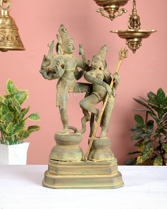 Vintage Brass Shiva Parvati Dancing Idols - 12.5" Thick Green patina - Budhshiv.com