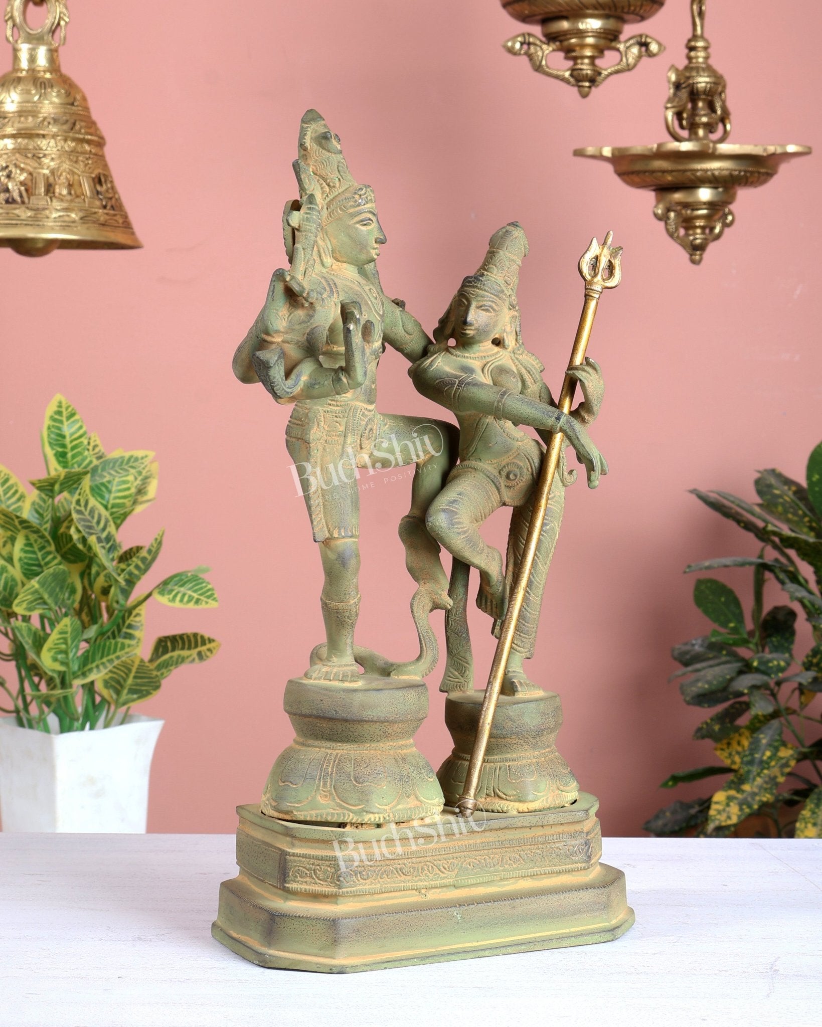 Vintage Brass Shiva Parvati Dancing Idols - 12.5" Thick Green patina - Budhshiv.com