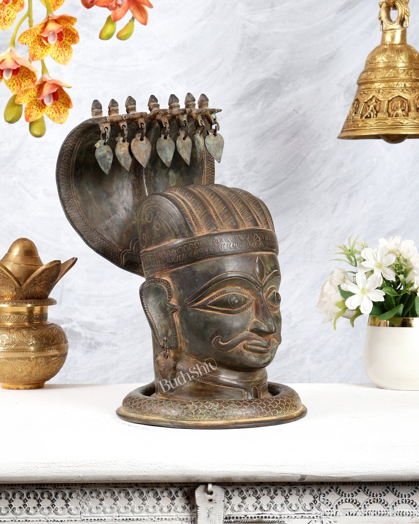 Vintage Brass Shiva with Mukhalingam and Naga Aura Statue – 13" Height - Budhshiv.com