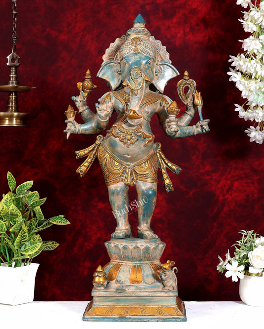 Vintage Brass Standing Ganesha Statue - 26" Tall blue patina - Budhshiv.com