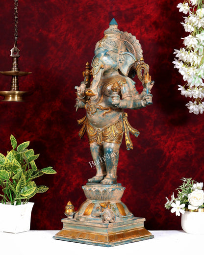 Vintage Brass Standing Ganesha Statue - 26" Tall blue patina - Budhshiv.com