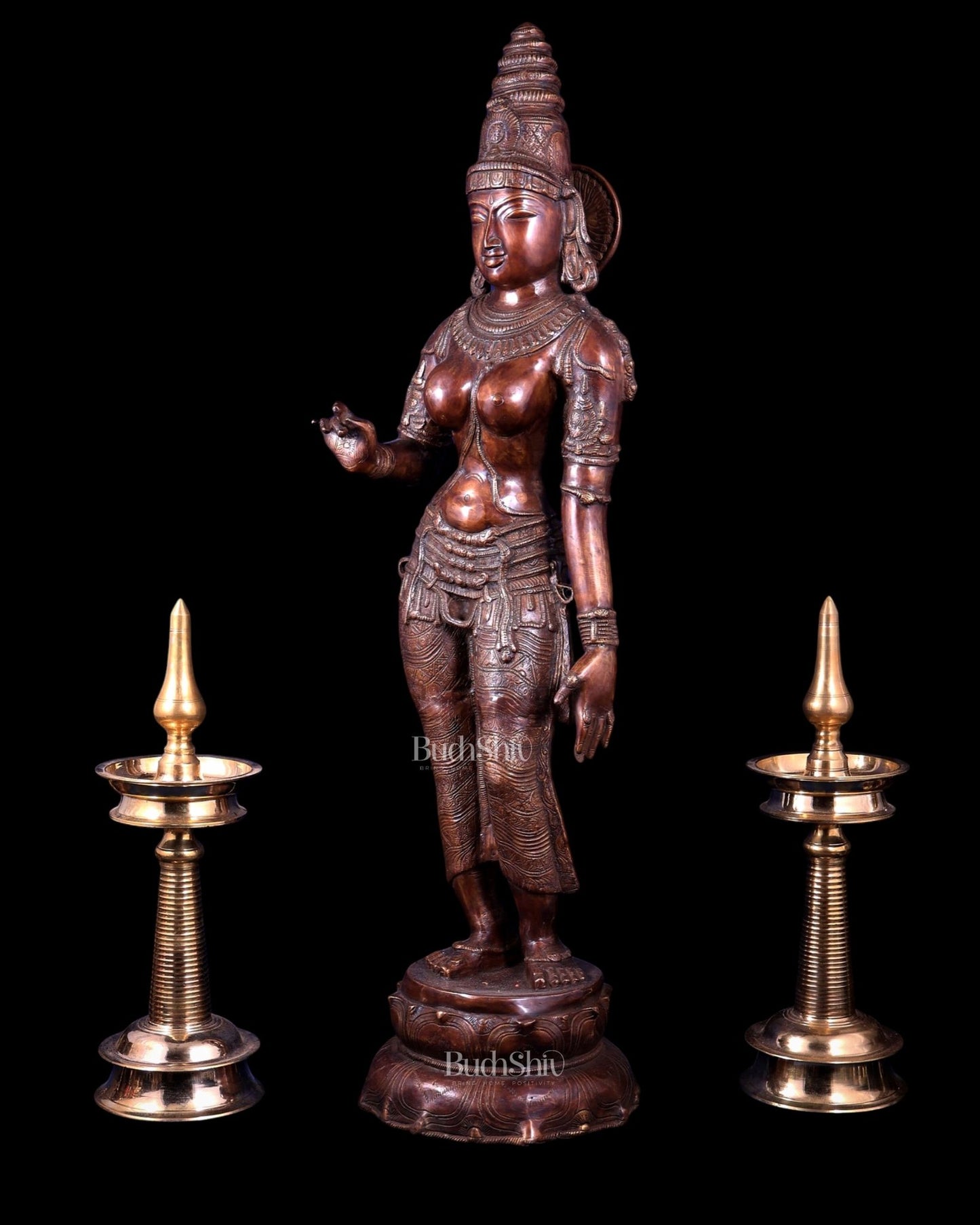 Vintage Brass Standing Uma Parvati Statue – Copper Tone 44 inch - Budhshiv.com