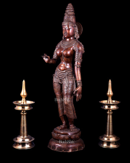Vintage Brass Standing Uma Parvati Statue – Copper Tone 44 inch - Budhshiv.com