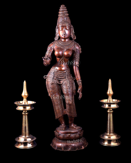 Vintage Brass Standing Uma Parvati Statue – Copper Tone 44 inch - Budhshiv.com