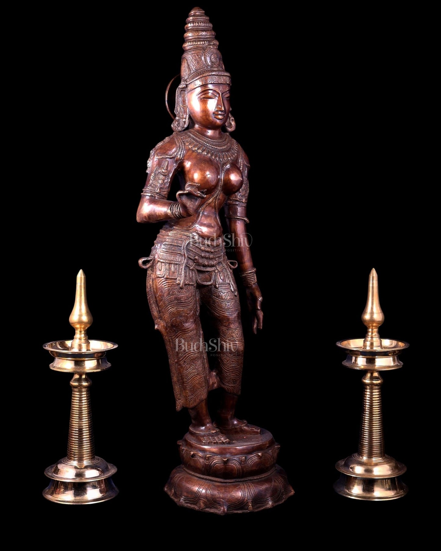 Vintage Brass Standing Uma Parvati Statue – Copper Tone 44 inch - Budhshiv.com