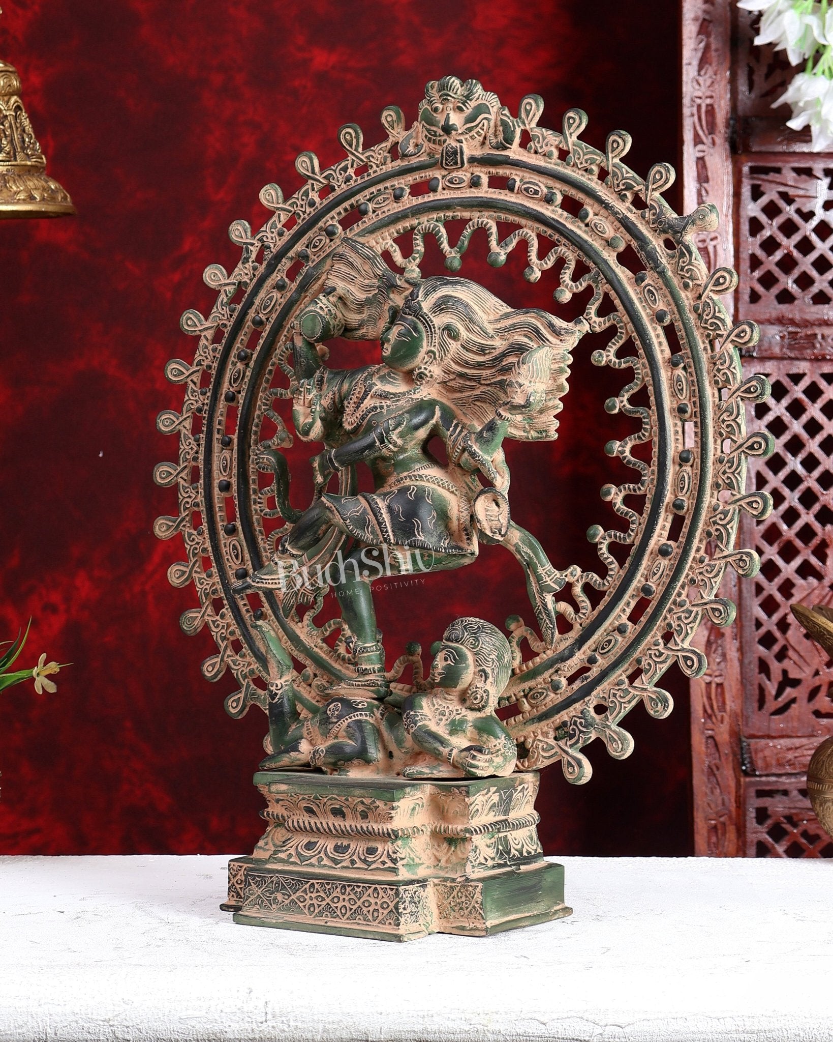 Vintage Brass Superfine Nataraja Statue with Beautiful Dreadlocks - 17" vintage green patina - Budhshiv.com