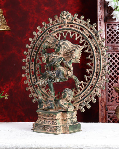 Vintage Brass Superfine Nataraja Statue with Beautiful Dreadlocks - 17" vintage green patina - Budhshiv.com