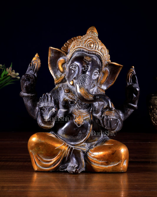 Vintage Brass Taj Ganesha Idol | Height 7 inch - Budhshiv.com