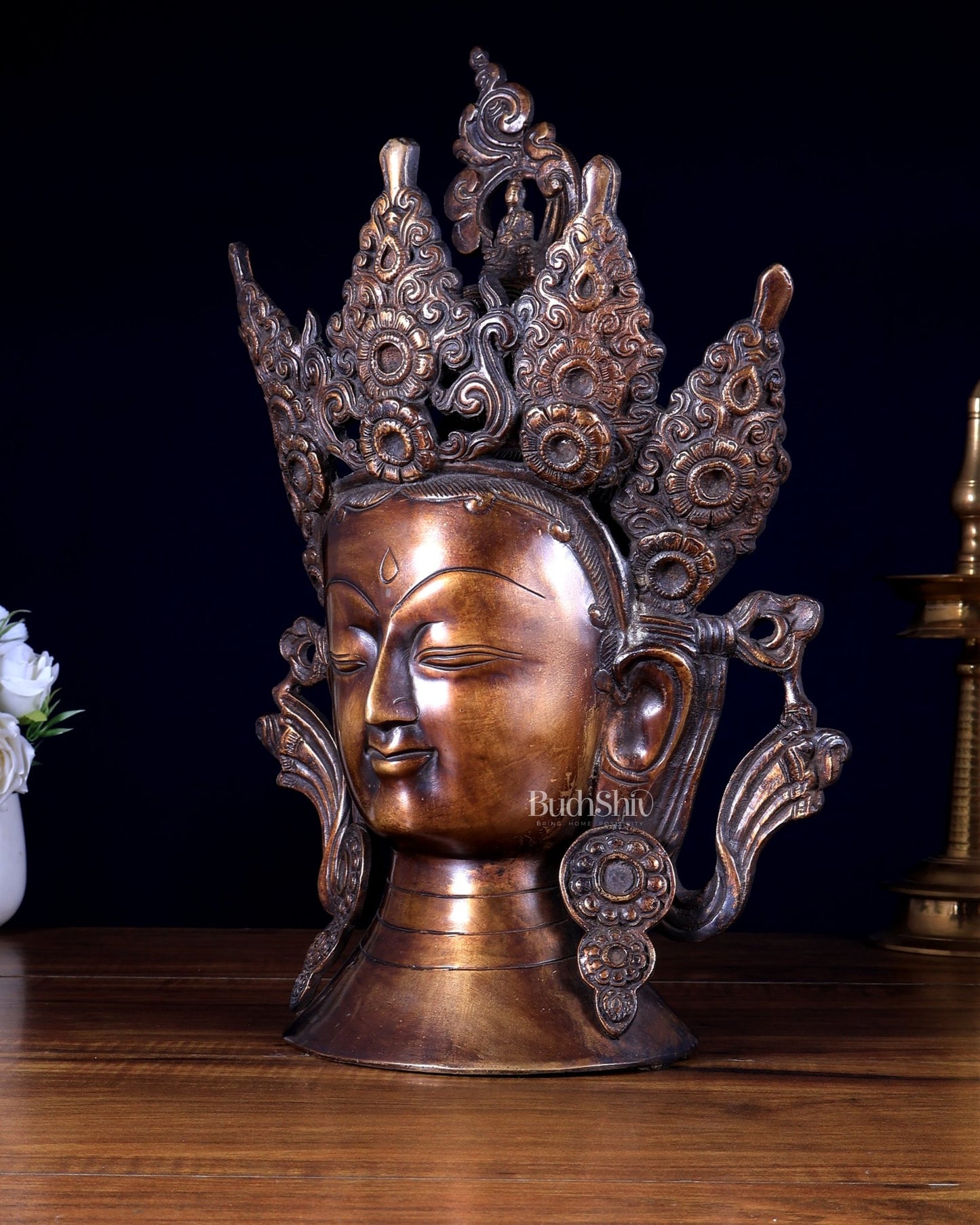 Vintage Brass Tibetan Goddess Face Head Statue with Crown - Budhshiv.com