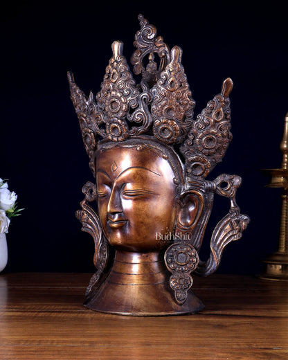 Vintage Brass Tibetan Goddess Face Head Statue with Crown - Budhshiv.com