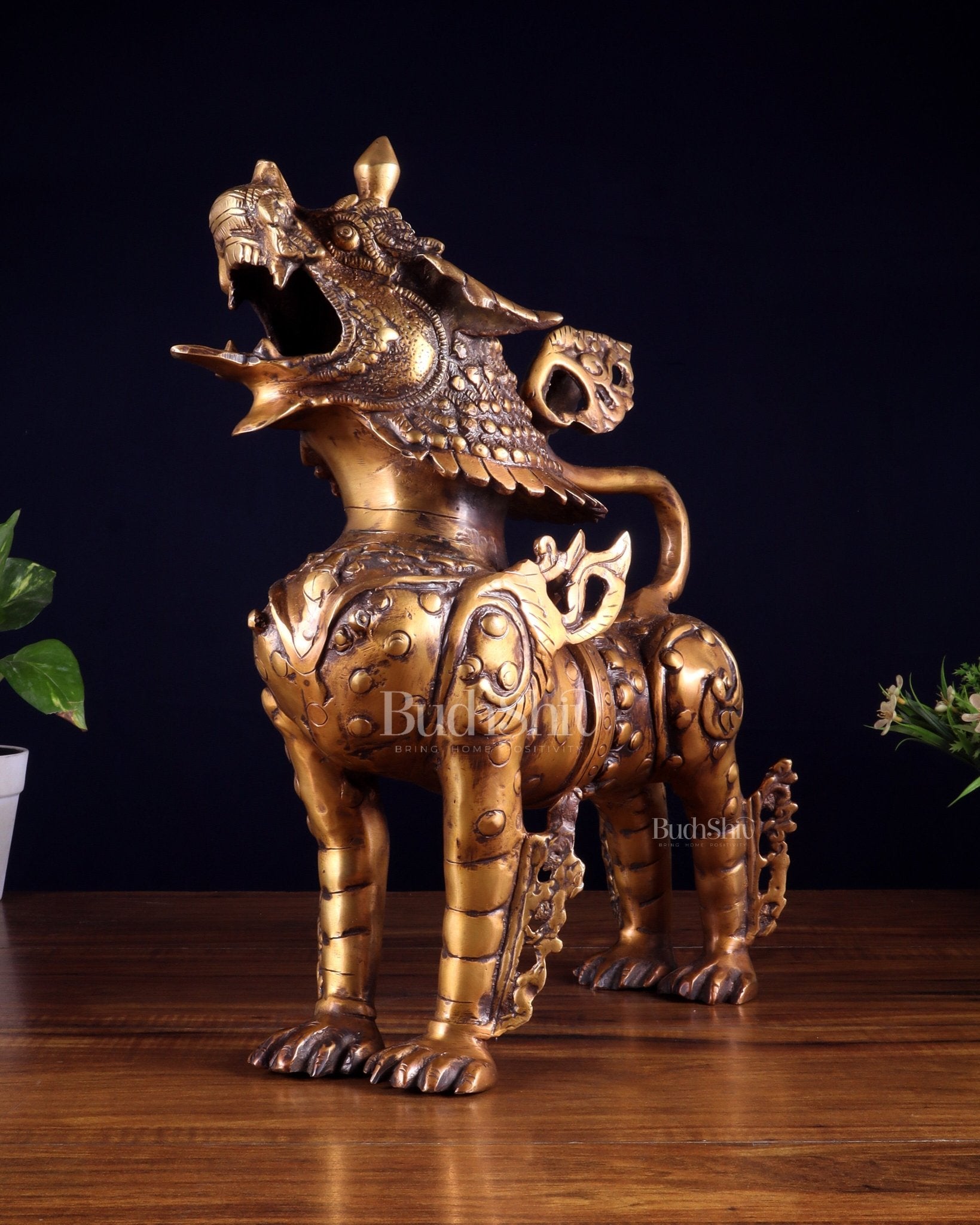Vintage Brass Tibetan Snow Lion Statue 14.5 inch - Budhshiv.com