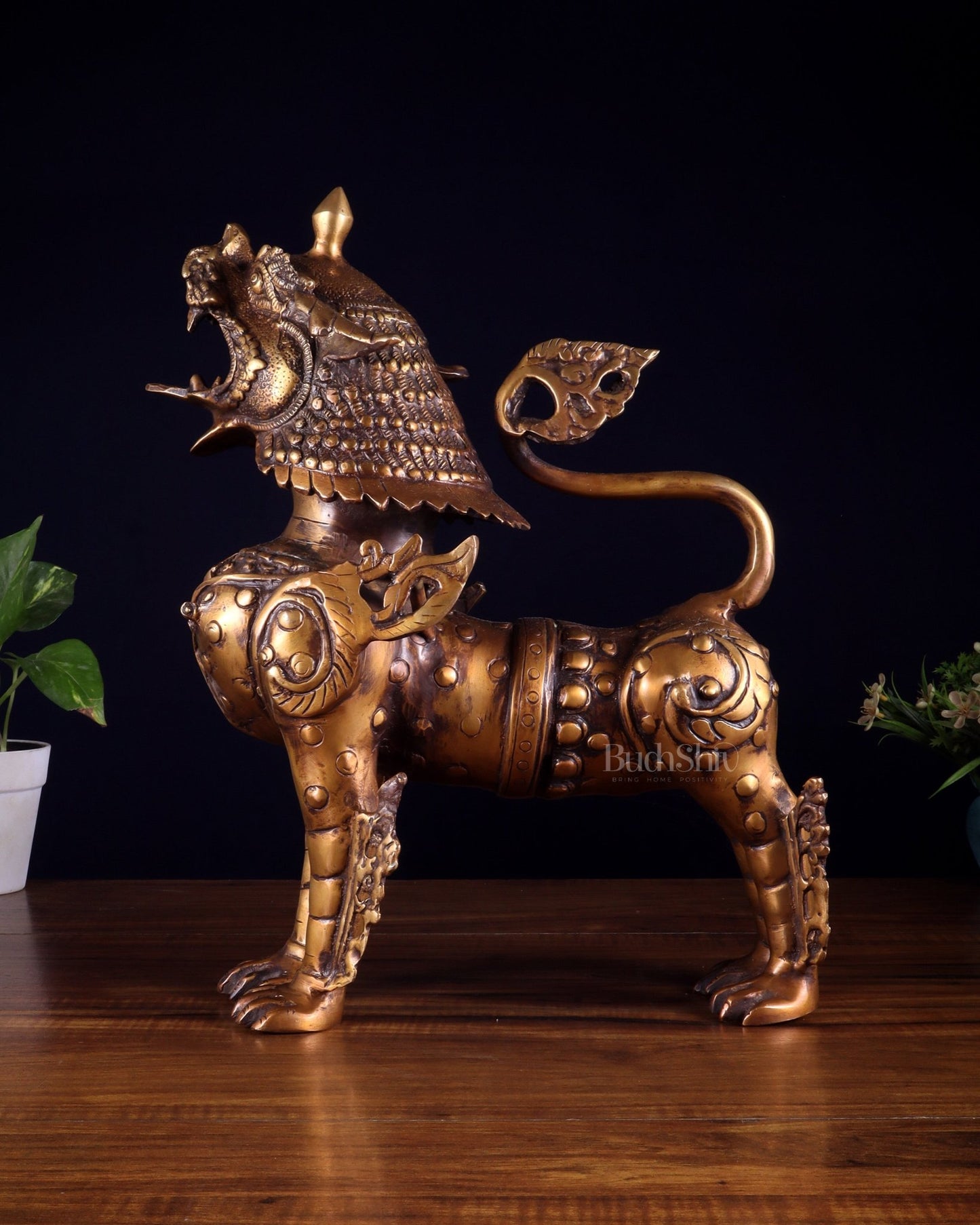 Vintage Brass Tibetan Snow Lion Statue 14.5 inch - Budhshiv.com