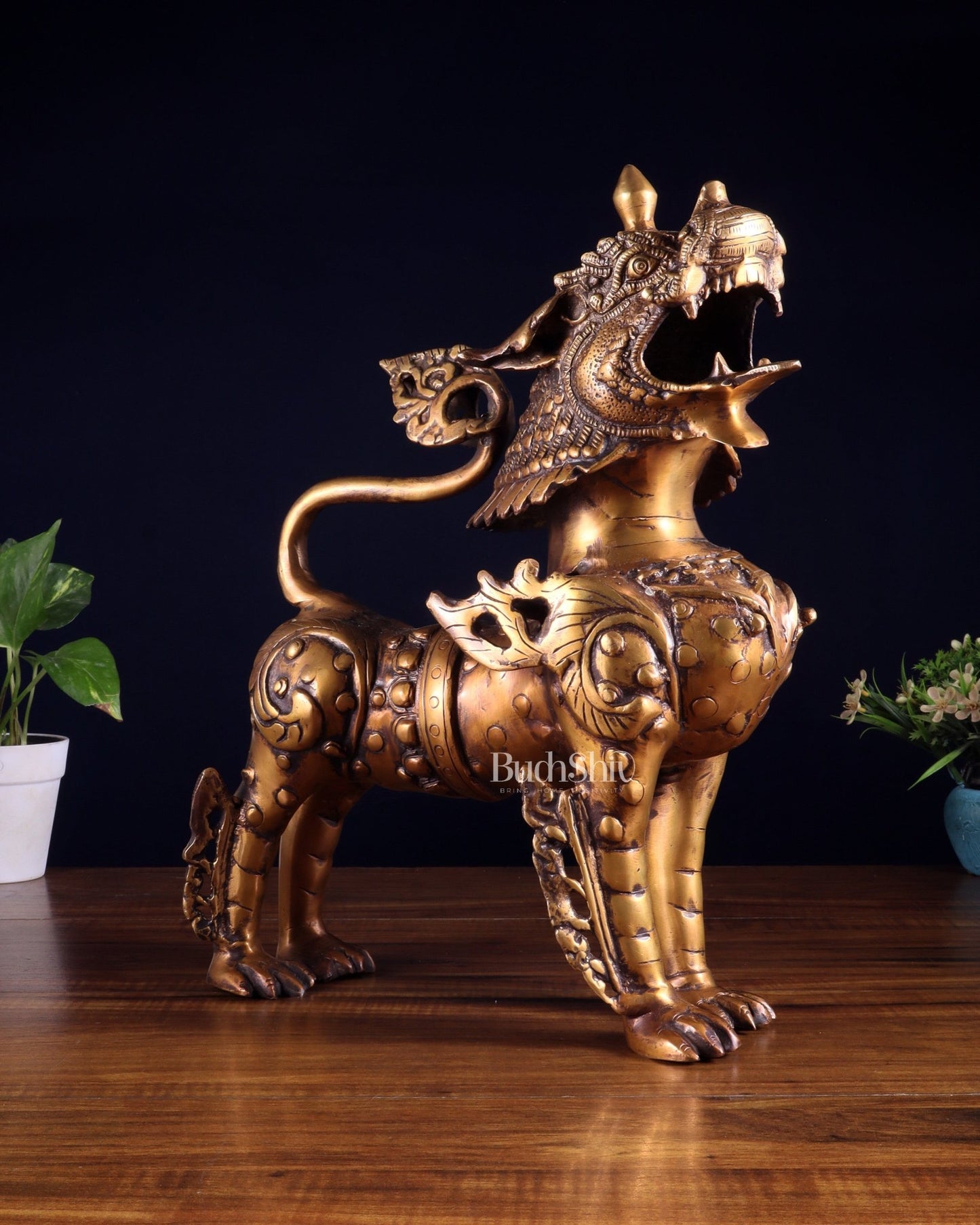 Vintage Brass Tibetan Snow Lion Statue 14.5 inch - Budhshiv.com