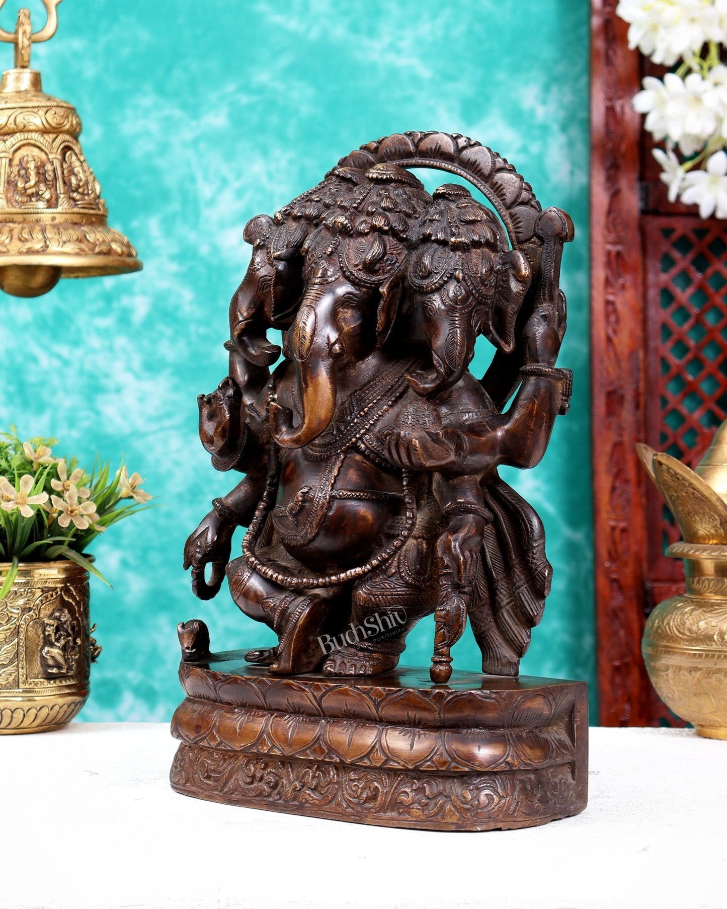 Vintage Brass Trimukha dancing Ganapati Sculpture | Three-Faced Lord Ganesha | 12" - Budhshiv.com