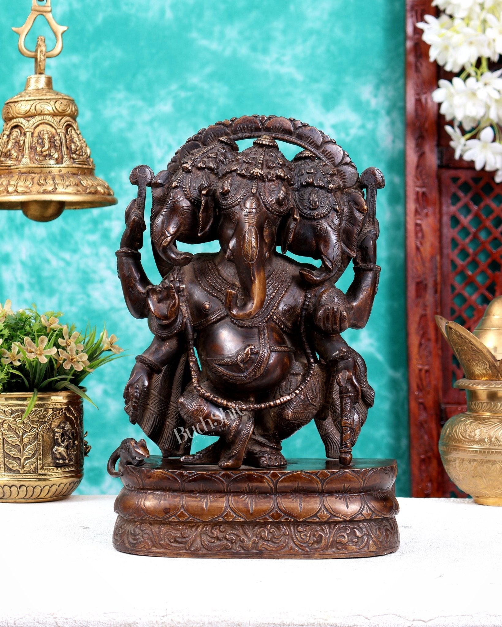 Vintage Brass Trimukha dancing Ganapati Sculpture | Three-Faced Lord Ganesha | 12" - Budhshiv.com