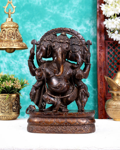 Vintage Brass Trimukha dancing Ganapati Sculpture | Three-Faced Lord Ganesha | 12" - Budhshiv.com