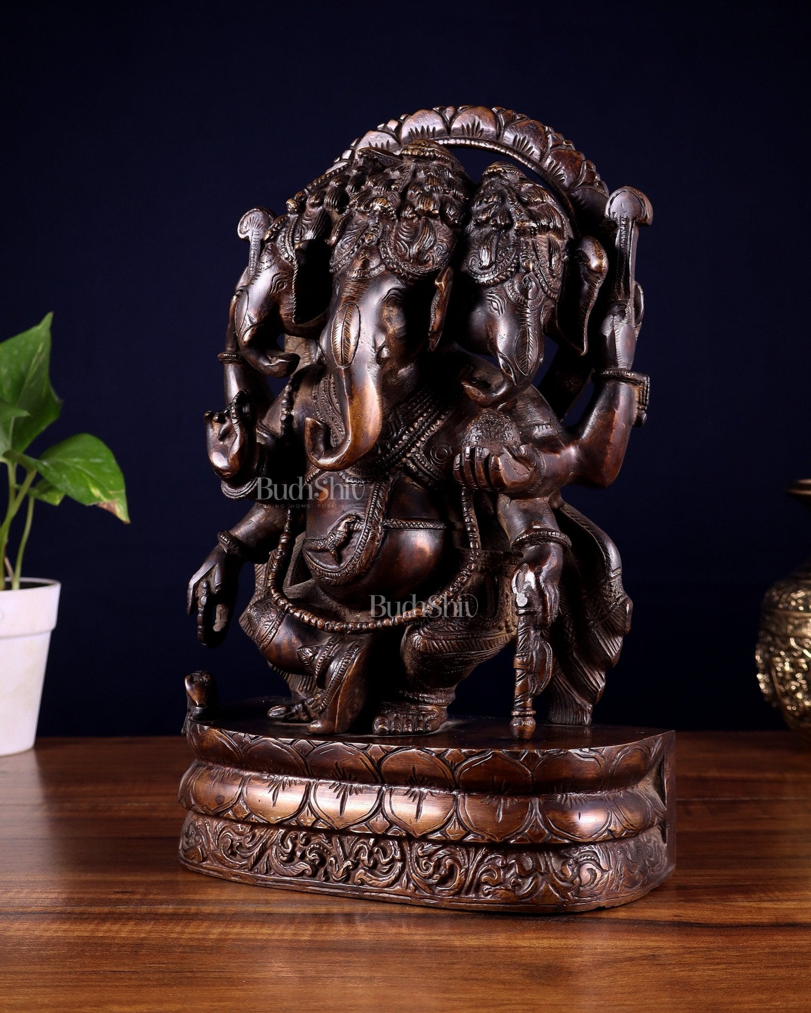 Vintage Brass Trimukha dancing Ganapati Sculpture | Three - Faced Lord Ganesha | 12" - Budhshiv.com