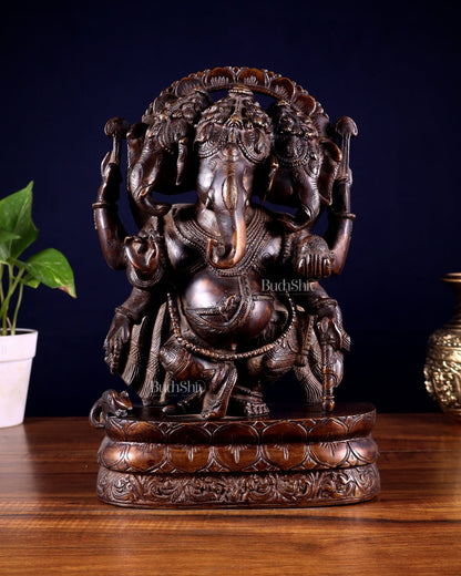 Vintage Brass Trimukha dancing Ganapati Sculpture | Three - Faced Lord Ganesha | 12" - Budhshiv.com