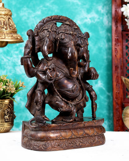 Vintage Brass Trimukha dancing Ganapati Sculpture | Three-Faced Lord Ganesha | 12" - Budhshiv.com