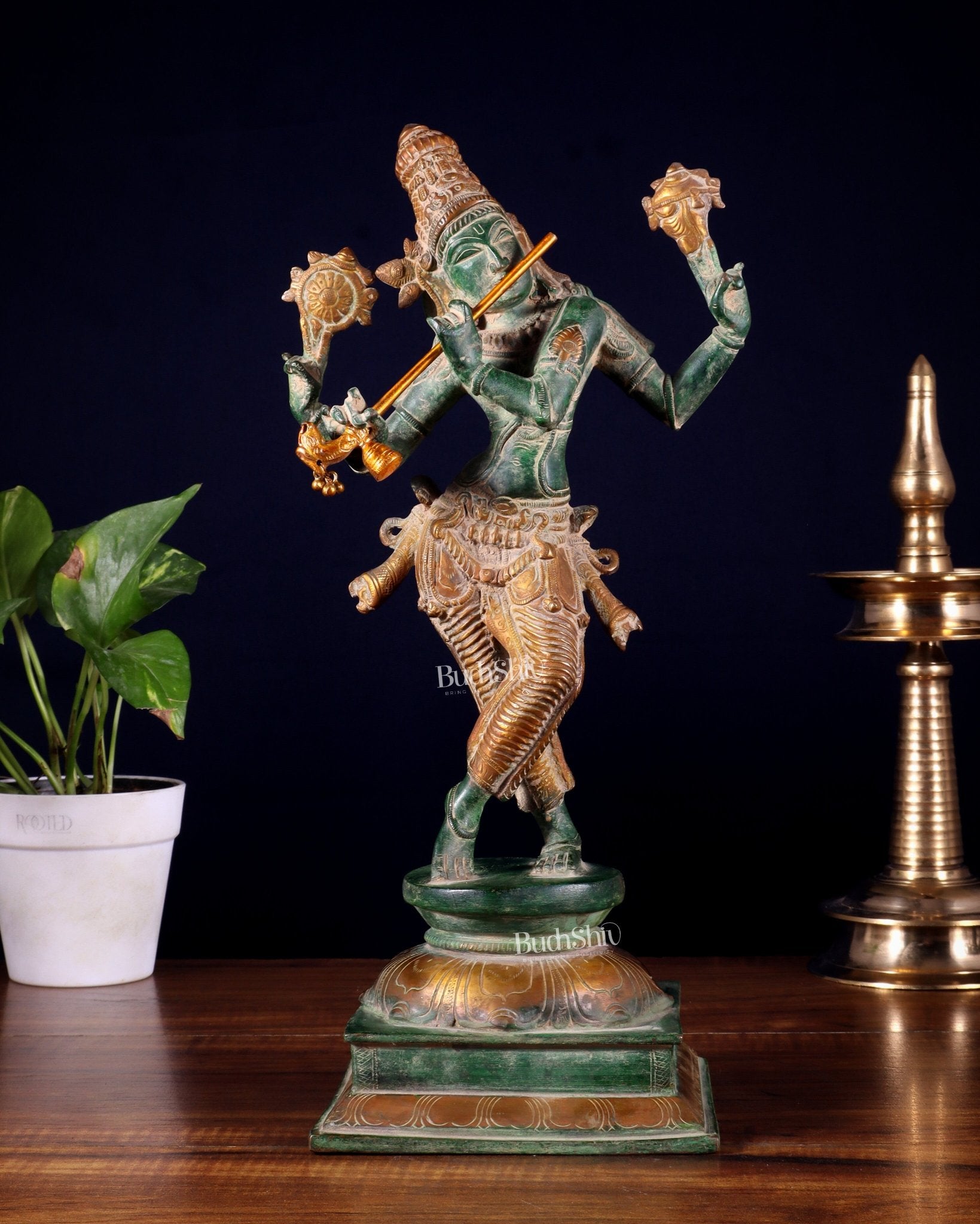 Vintage Brass Vishnu as Lord Krishna Statue - Green Sand Finish 14.5" - Budhshiv.com