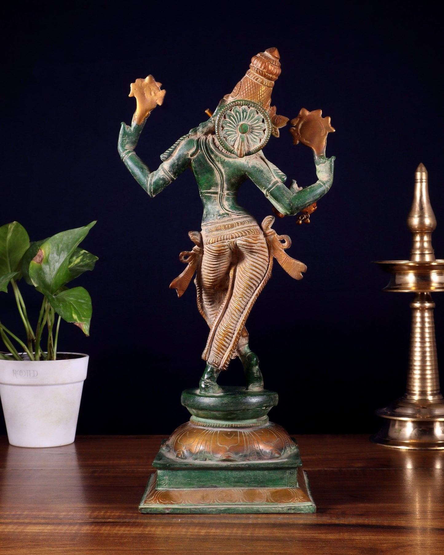 Vintage Brass Vishnu as Lord Krishna Statue - Green Sand Finish 14.5" - Budhshiv.com